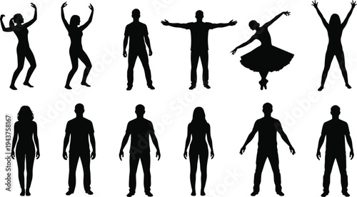 People silhouettes dancing, jumping, and standing in expressive poses isolated on white background, human movement, creativity, lifestyle, and freedom concept