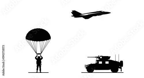 Military Paratrooper, Jet Fighter, and Armored Vehicle Silhouettes on White Background