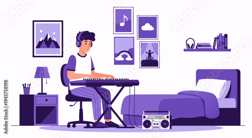 Young person playing keyboard in bedroom, vector illustration of a student with headphones enjoying music creation