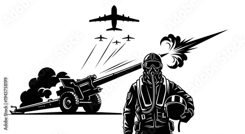 Military Pilot, Artillery Cannon Firing, Fighter Jets in Sky - War and Defense Concept
