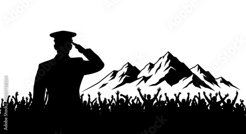 Military Salute Silhouette: Soldier Honoring Crowd Before Mountains