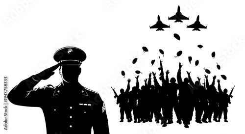 Military Salute and Heroic Soldiers with Fighter Jets Flyover