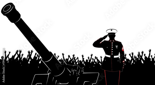 Military Salute: Marine, Cannon, and Cheering Crowd Silhouette