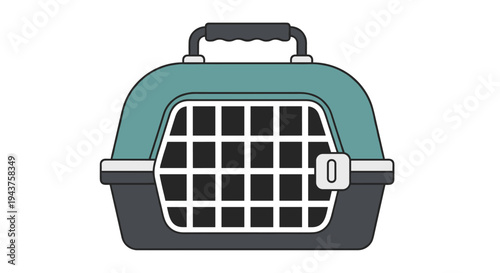 Teal and gray pet carrier with handle and white grid door, Generative AI.