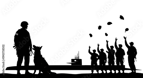 Military Silhouette: Soldier, Dog, Submarine, and Cheering Troops