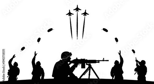 Military Silhouette: Soldier with Machine Gun, Jets Flying, and Explosions