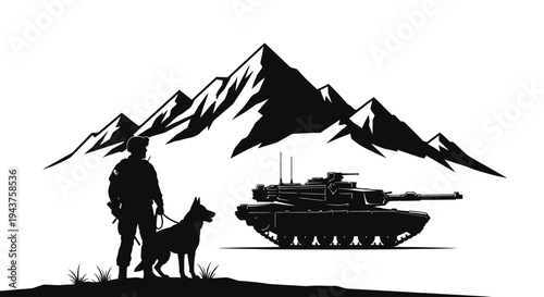 Military Soldier and Dog Silhouette with Tank and Mountains