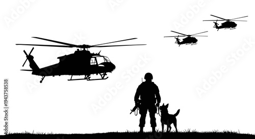Military Soldier and Dog Guarding Against Helicopters in Silhouette