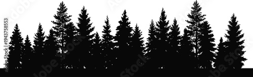 Black silhouette illustration of dense coniferous forest with pine and fir trees, showcasing natural landscape diversity, outdoor wilderness textures, and environmental design elements.
