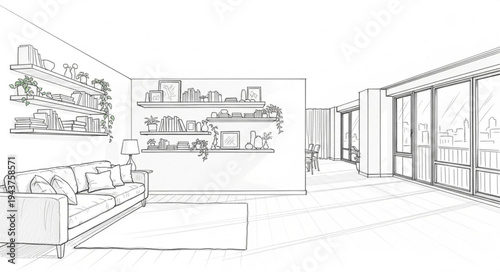 Modern Living Room Interior with Large Windows and Comfortable Sofa.