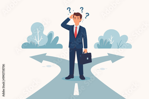 Confused Businessman in Suit Standing at Crossroads with Two Directional Arrows, Uncertain Professional Making Difficult Career Choice or Business Decision, Flat Vector Illustration Concept