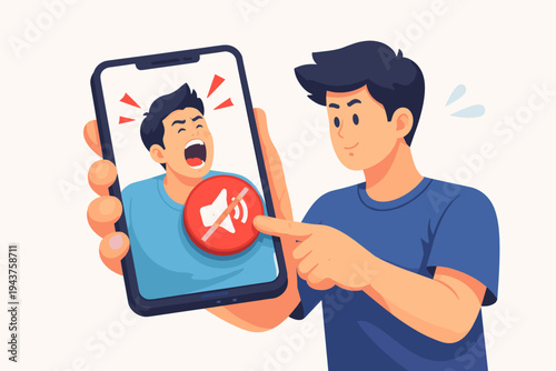 Man Muting Shouting Person on Smartphone Screen, Flat Vector Illustration of Silencing Negativity, Pressing Mute Button to Block Angry Caller or Toxic Social Media Video for Peace of Mind and Calm