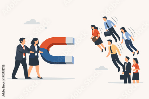 Business Managers Using a Large Magnet to Attract and Recruit Top Talent and Professional Workers, Concept of Human Resources, Talent Acquisition, Headhunting, and Successful Hiring Process.