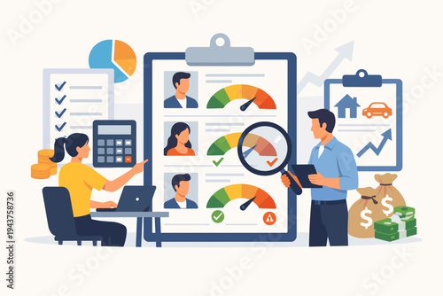 Financial analysts evaluating credit history and scores of loan applicants. Vector illustration of banking professionals assessing risk with gauges, money bags, calculators, and charts.