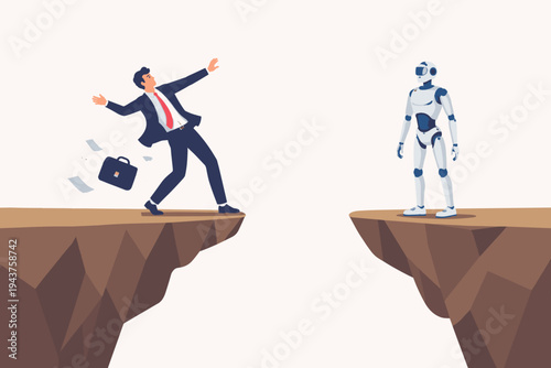 Businessman Falling Off a Cliff While a Robot Watches from the Opposite Side, Concept of Job Displacement by Artificial Intelligence, Automation Replacing Human Labor, and Future of Work Risk