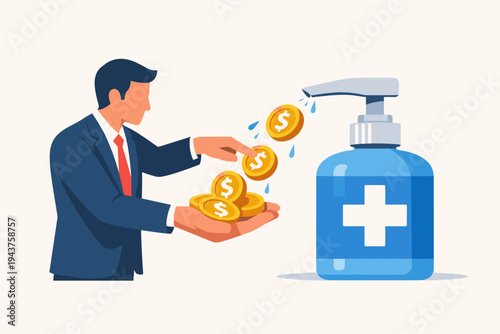 Businessman in a suit pumping a hand sanitizer bottle with gold dollar coins coming out into his hands, metaphor for profiting from health crisis, pandemic business, and healthcare industry.