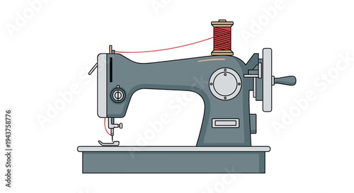Vintage sewing machine with spool of red thread on top for crafting and textile concepts, Generative AI.