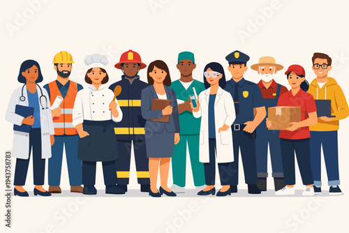 Diverse group of people from various professions and occupations like doctor, chef, firefighter, scientist, and police officer standing together in a simple flat vector illustration style.