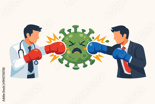 Flat vector illustration of a doctor and a businessman wearing boxing gloves and punching a green coronavirus, symbolizing the collaborative effort of healthcare and economy to defeat COVID-19.