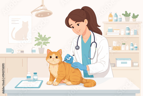 Vector illustration of a professional female veterinarian in a white coat and stethoscope administering a vaccine injection to a calm orange tabby cat on an exam table in a bright clinic office.