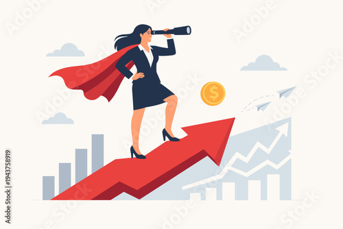 Businesswoman Superhero with Red Cape Standing on Growing Arrow Looking Through Telescope for Future Opportunities, Visionary Leadership, Financial Success, Growth, and Strategic Planning Concept