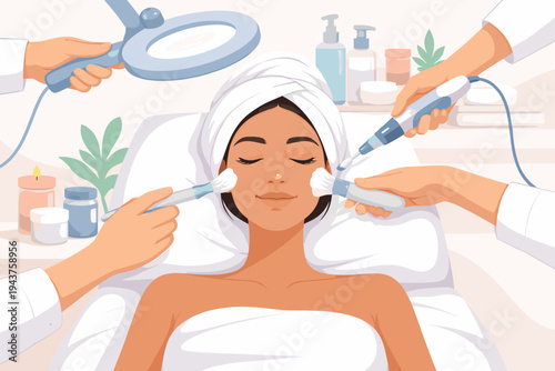 Vector Illustration of a Beautiful Woman Receiving Professional Facial Skin Care and Dermatological Treatment Procedures at a Spa or Clinic with Various Tools, Brushes, and Magnifying Glass.