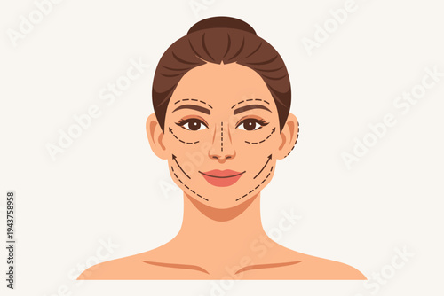 Vector illustration of a beautiful woman's face with surgical markings for various cosmetic procedures including rhinoplasty, facelift, blepharoplasty, and otoplasty for medical aesthetics.