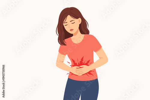 Vector illustration of a young woman suffering from severe stomach pain, abdominal cramps, or menstrual discomfort, holding her belly with a painful expression on a clean white background.