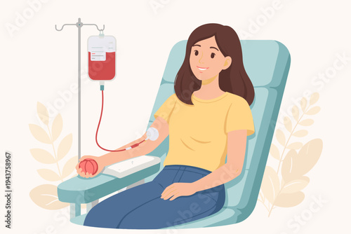Young Woman Donating Blood in a Medical Clinic, Smiling Female Donor Sitting in a Chair with a Blood Bag and IV Stand, Healthcare and Charity Concept, Flat Vector Illustration on Light Background