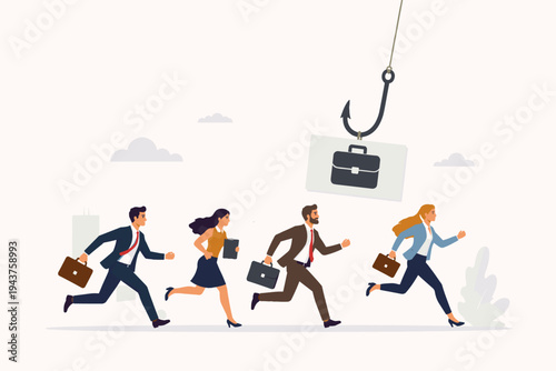 Business People Running to Catch a Job Opportunity on a Fish Hook. Flat Vector Illustration of Professionals Competing for Employment, Recruitment Concept, Hiring Bait, and Career Race Ambition.