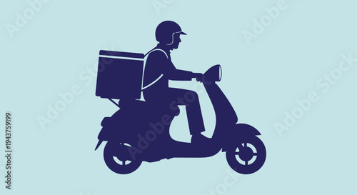 A dark blue silhouette of a delivery person riding a scooter against a light blue background with a large box on the back, Generative AI.