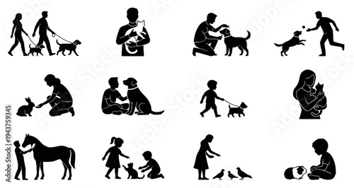 Pet Owners and Animal Care Silhouette Set Pack. Editable Vector Illustration. featuring pet, animal, care, vector, illustration, dog, cat, human, interaction, ownership, silhouette, graphic more