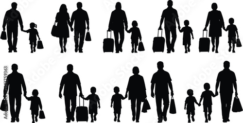 Family silhouettes traveling with luggage and children isolated on white background, vacation journey, parenting care, togetherness, and modern family travel concept