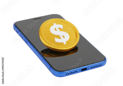 3d icon of golden dollar coin on a smartphone screen isolated on transparent background