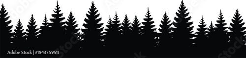 Black silhouette illustration of dense coniferous forest with pine and fir trees, symbolizing wilderness, outdoor ecology, natural landscape, and nature-inspired design elements.