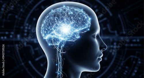 Digital Brain Illustration Showing Neural Network Connections.