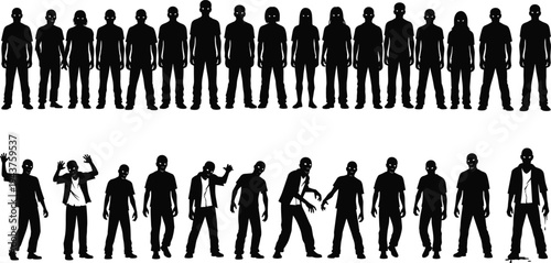 Zombie silhouettes collection standing and walking isolated on white background, horror characters, undead figures, spooky poses, and Halloween illustration concept set