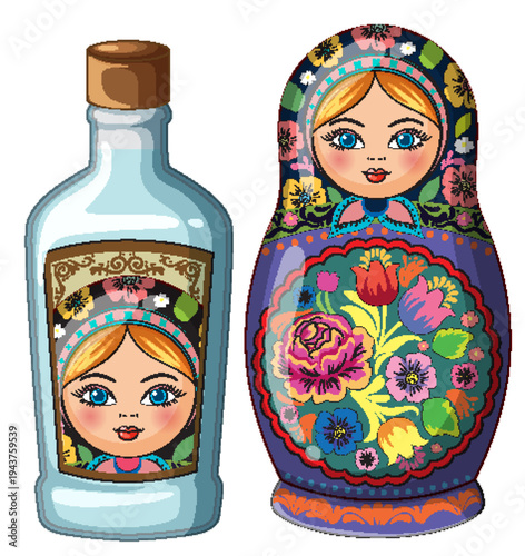 Russian Matryoshka Doll and Decorative Vodka Bottle Illustration