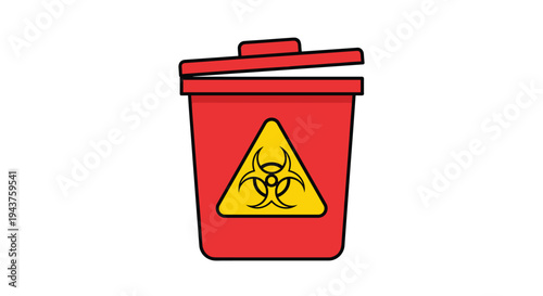 A red biohazard waste bin with a yellow warning sign on the front, Generative AI.