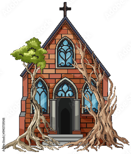 Old Brick Chapel Overtaken by Twisted Tree Roots