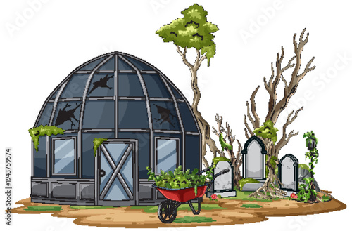 Abandoned Greenhouse Beside Old Cemetery and Dead Trees
