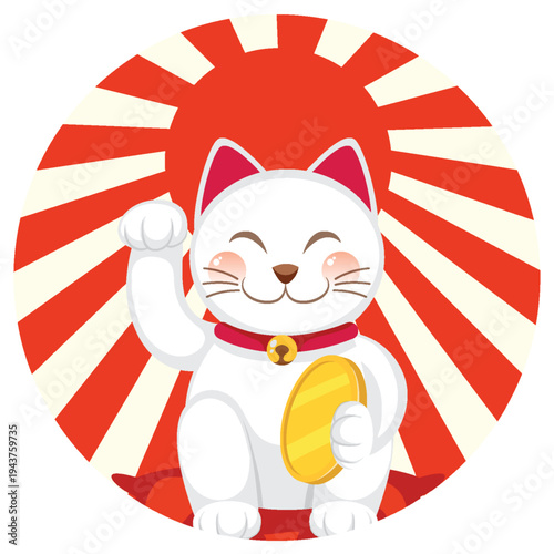 Smiling Maneki Neko Cat with Raised Paw and Sunburst