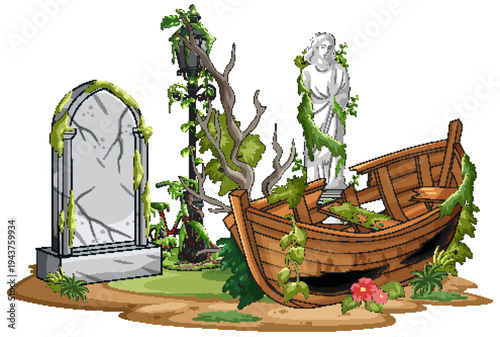 Overgrown Abandoned Graveyard with Broken Wooden Boat