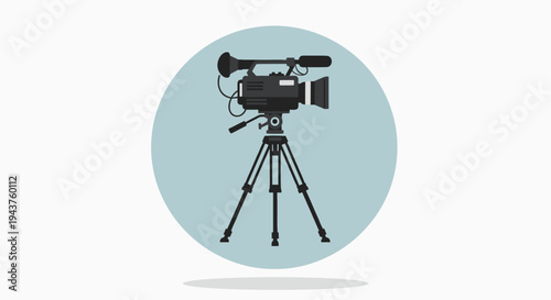 A black video camera on a tripod stand against a light blue circular background with a subtle shadow effect underneath the camera equipment, Generative AI.