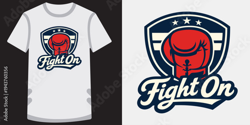 Creative boxing themed tshirt design featuring bold fight on logo with red boxing gloves in a shield emblem perfect for sportswear and fitness apparel
