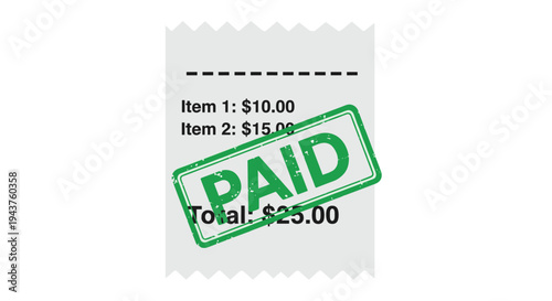 A receipt with a green paid stamp on a showing two items totaling twenty five dollars, Generative AI.