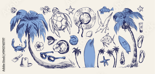 Hand drawn doodle beach and surf vector illustration set. Tropical naive coastal elements like palm trees, waves, surfboards, and sun perfect for summer designs, t-shirts, posters, and placard prints.