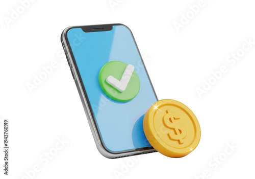 3d icon of mobile phone with a green checkmark and a gold coin, representing mobile payment, isolated on transparent background