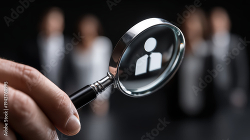 Hand holds magnifying glass over digital person on dark abstract background showing intent search for professional recruitment
