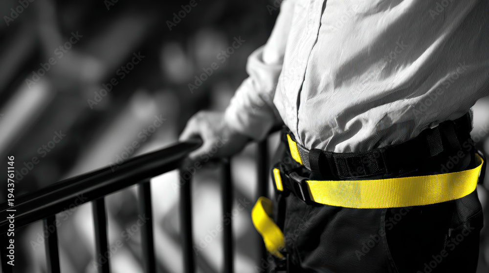 Obraz premium Confident serious worker wearing yellow safety harness equipment during installation process by expert standing near metal rail on site